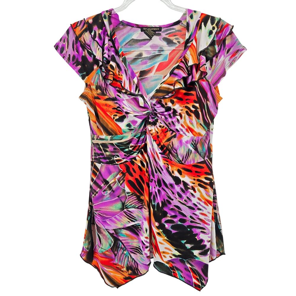 VTG Y2K Multi Floral Print Babydoll Asymmetrical Top Size LG Maximalist Eclectic